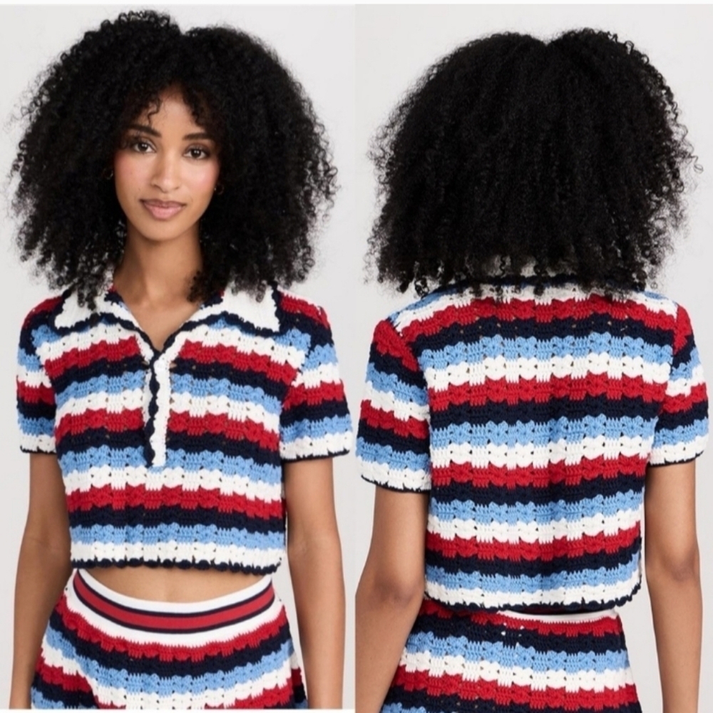 The Upside Chantilly Crochet Ezra Shirt, Sz S, Red White & Blue, 19"PTP, 15" L